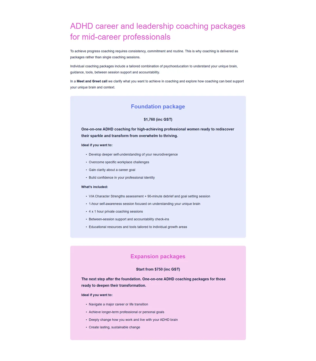 Coaching packages, before: the original site