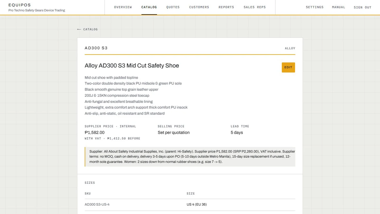 EquipOS product page for the Alloy AD300 S3 safety shoe: supplier price marked internal, selling price set per quotation, lead time and supplier notes