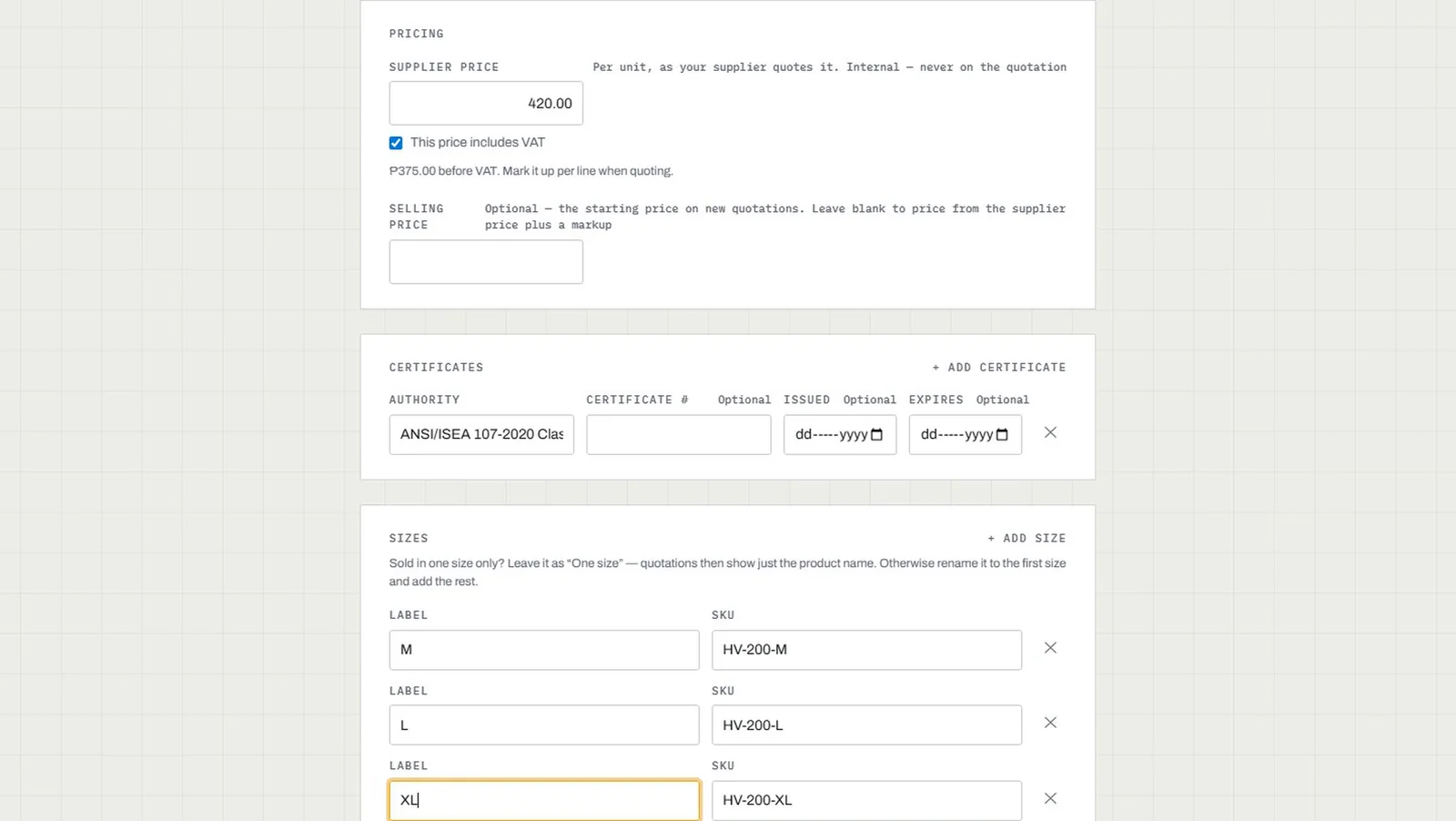 EquipOS Add product form: supplier price with VAT, a certification, and sizes M, L and XL with SKUs filled in automatically