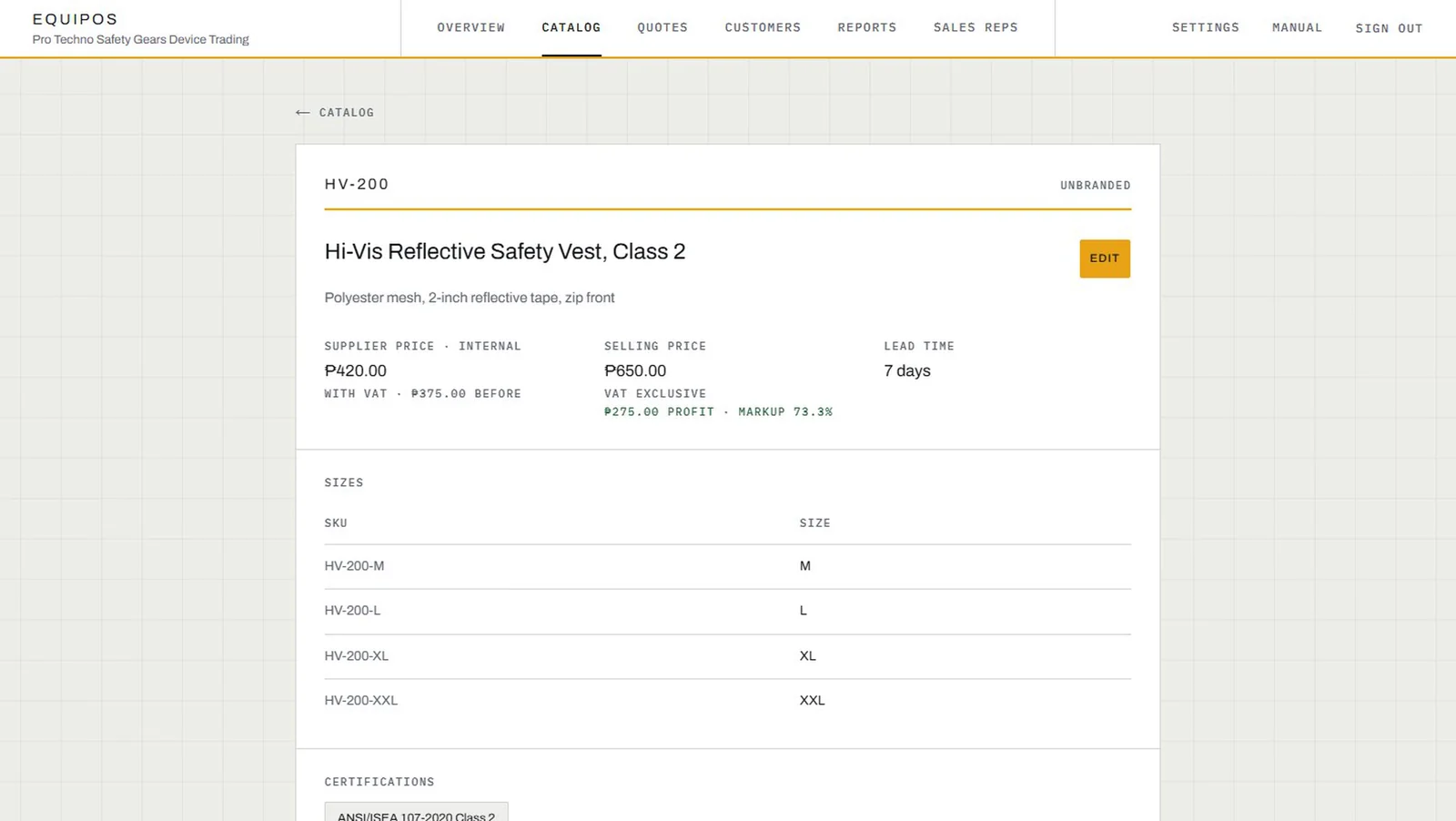 EquipOS product page for HV-200 after an edit: a ₱650 selling price showing ₱275 profit at a 73.3% markup, and four sizes