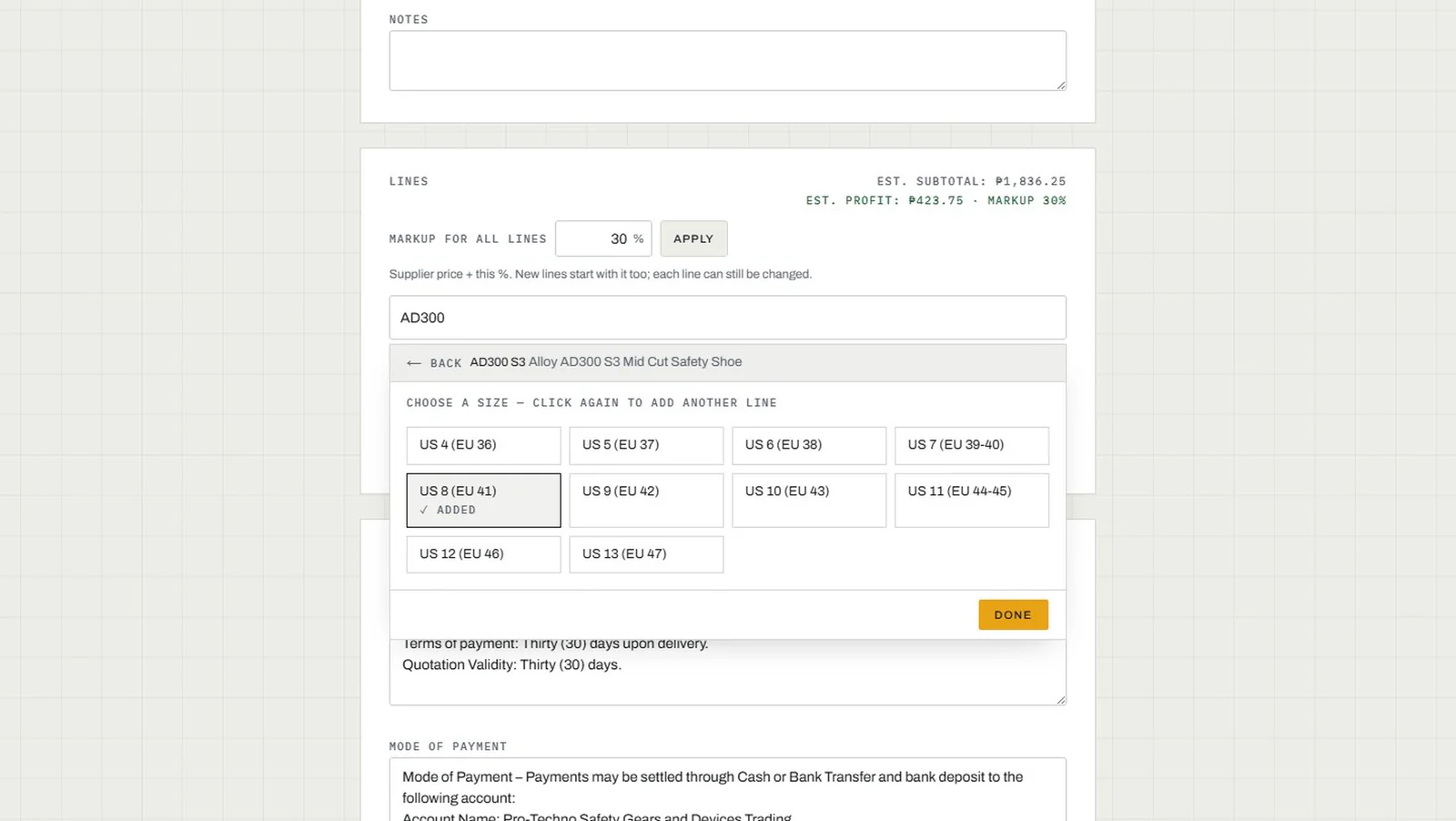 EquipOS quote builder size picker for the AD300 S3: sizes from US 4 to US 13, US 8 marked added