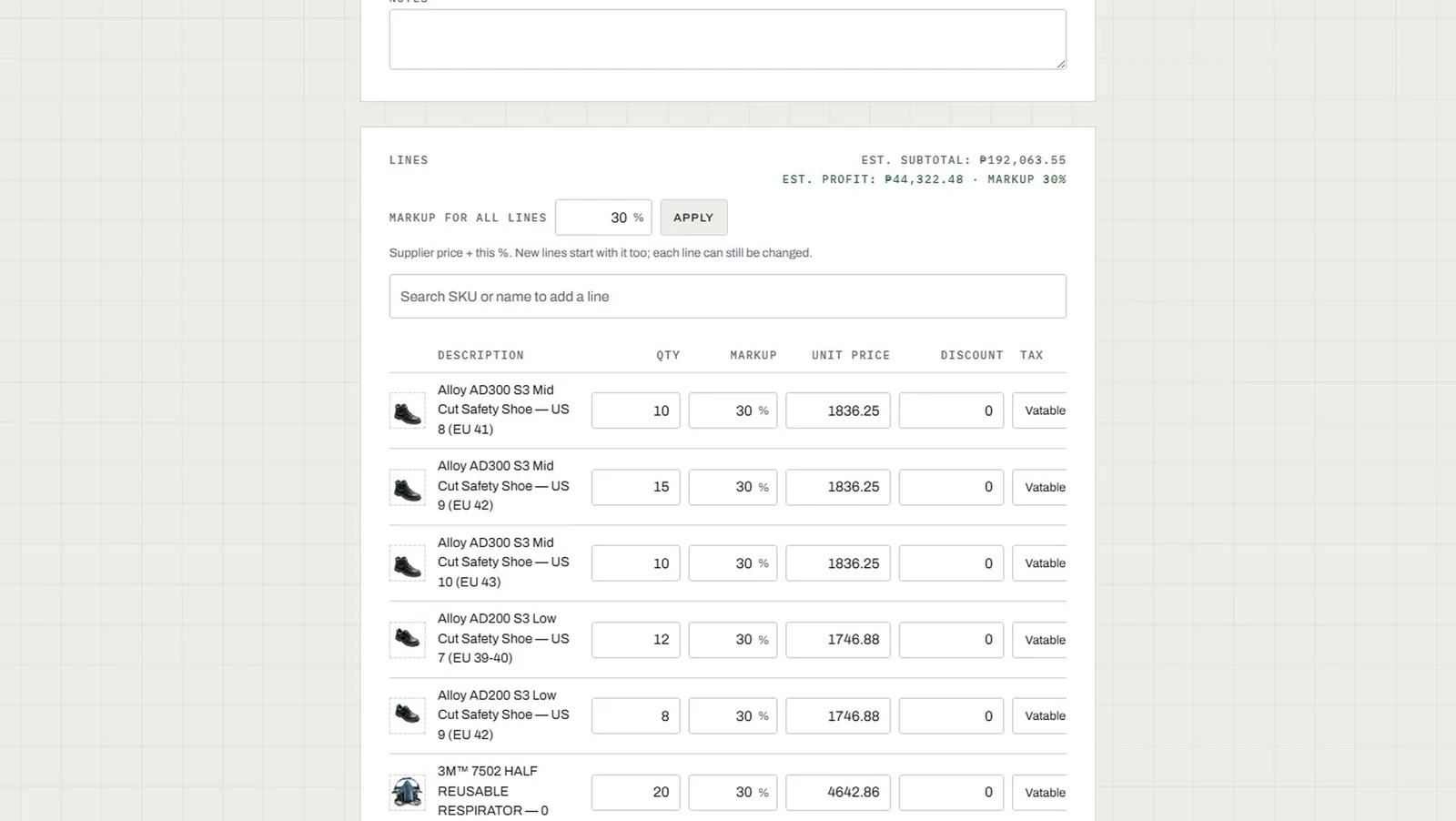 EquipOS quote builder with six lines at a 30% markup, an estimated subtotal of ₱192,063.55 and estimated profit of ₱44,322.48