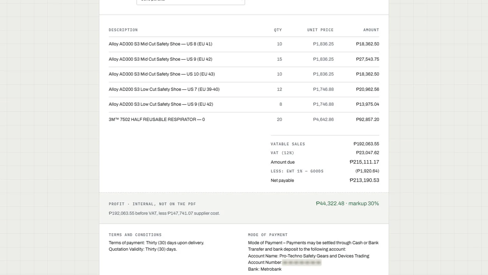 EquipOS saved quotation Q-2026-00010: vatable sales, 12% VAT, amount due, EWT 1% on goods, net payable, and an internal profit block