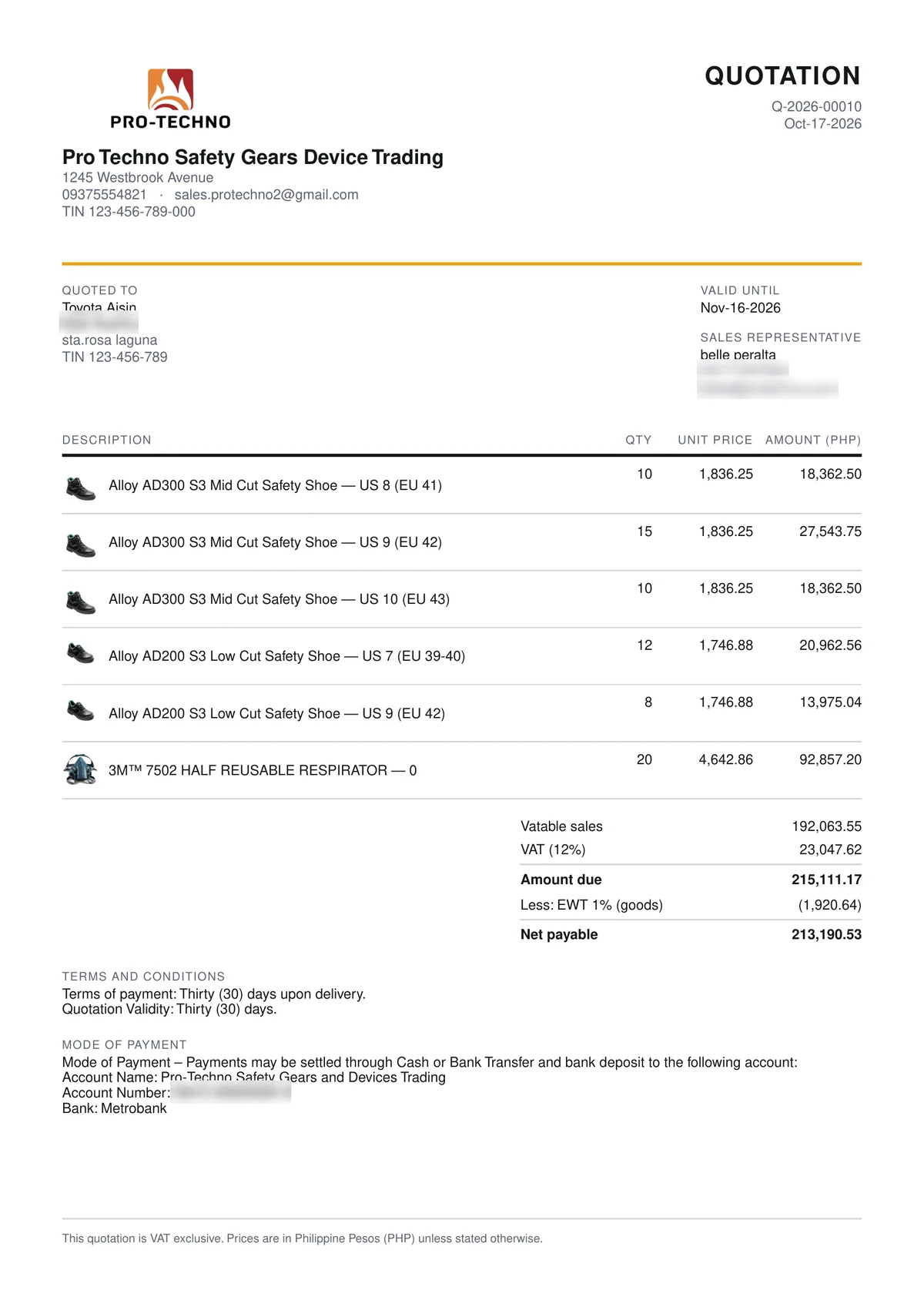 The quotation PDF for Q-2026-00010: Pro Techno letterhead and logo, product photos on each line, VAT and withholding totals, terms and payment details