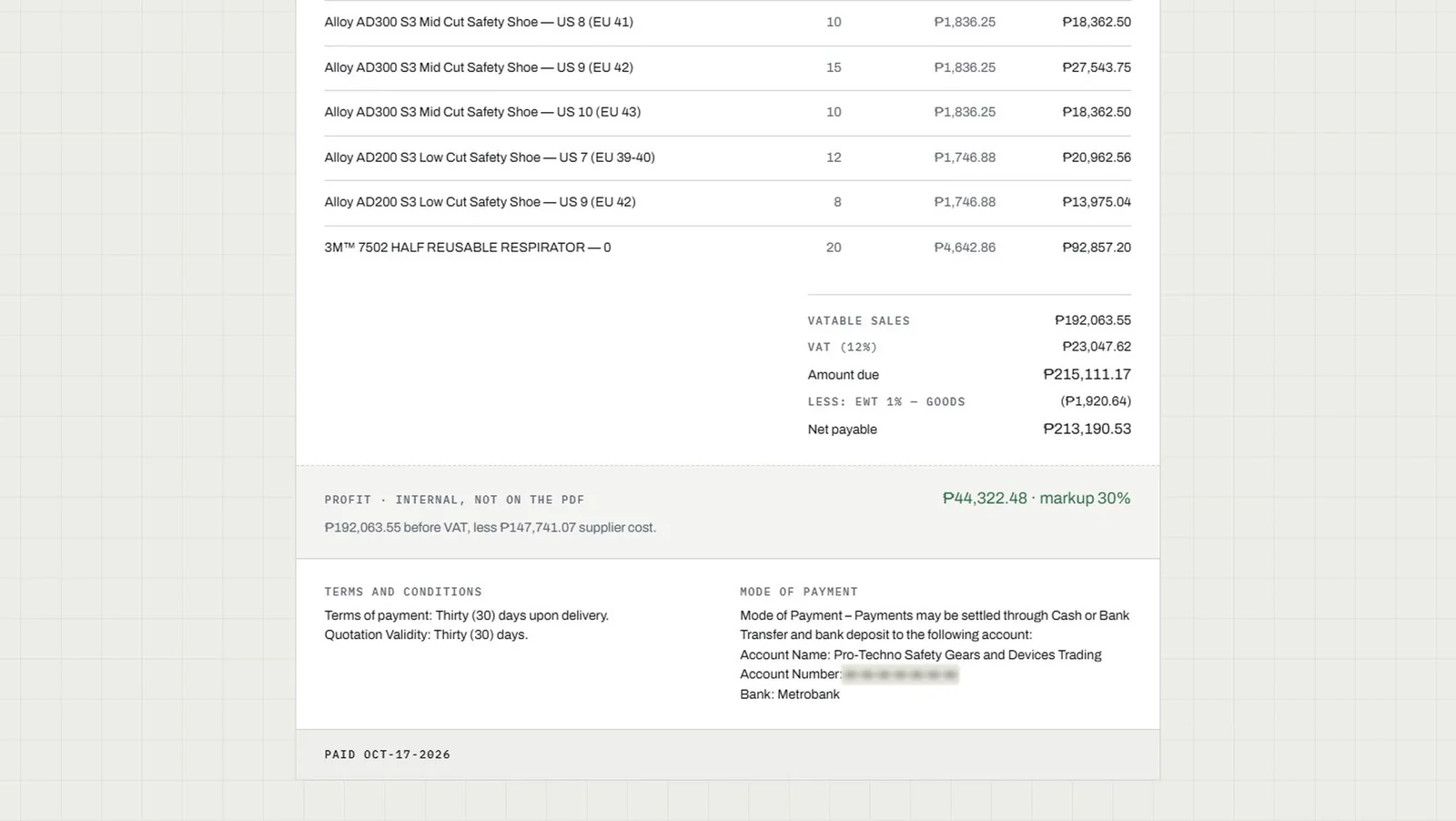EquipOS quotation marked paid on Oct-17-2026
