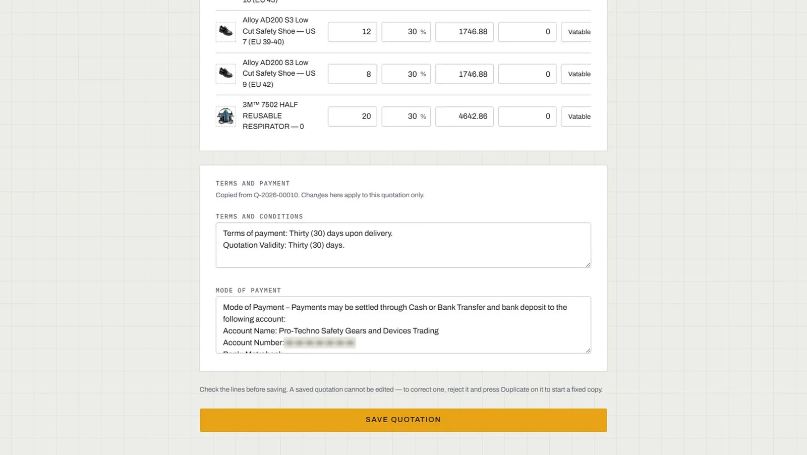 EquipOS quote builder opened from a duplicate, with lines and terms copied from Q-2026-00010