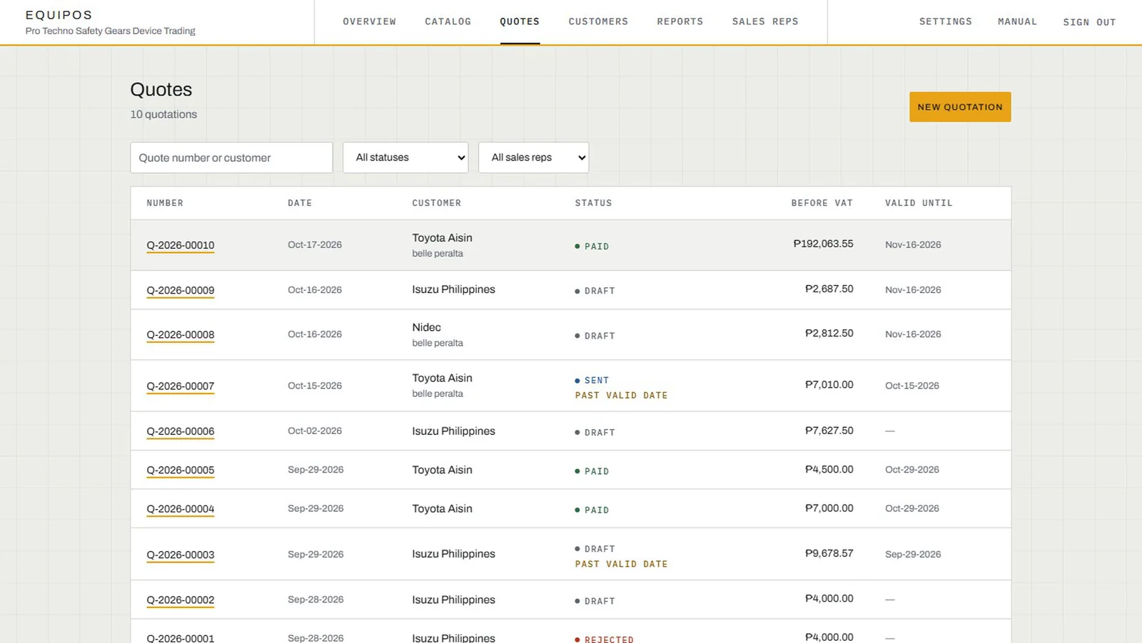 EquipOS Quotes list with colour-coded statuses, past-valid-date flags and filters
