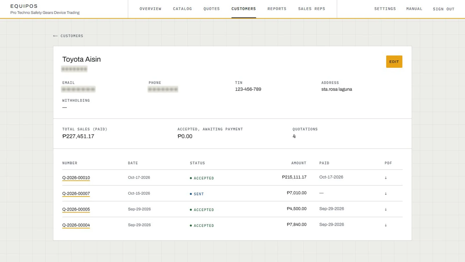 EquipOS customer history for Toyota Aisin: total paid, awaiting payment and every quotation with its PDF