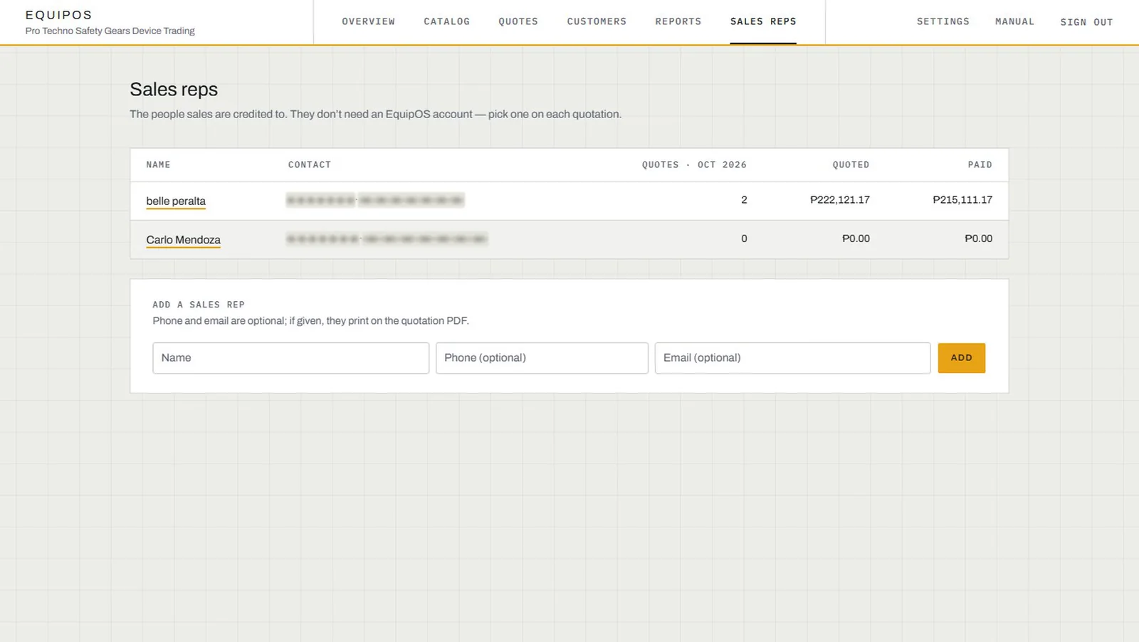 EquipOS Sales reps page with quotes, quoted and paid per rep this month