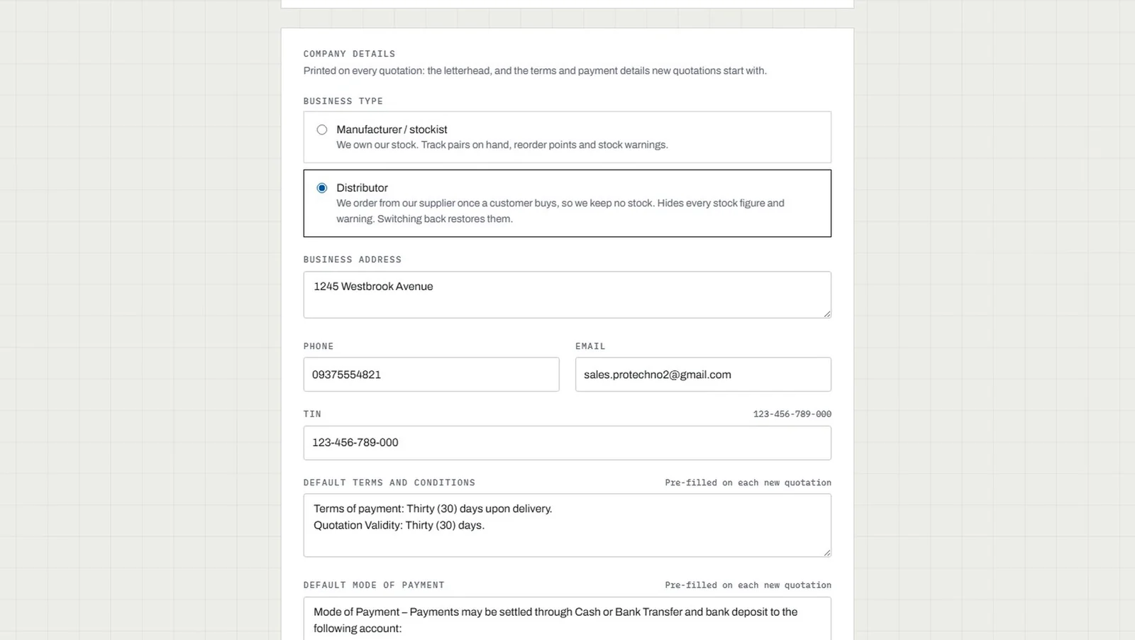 EquipOS Settings: business type set to Distributor, with address, phone, email, TIN and default terms