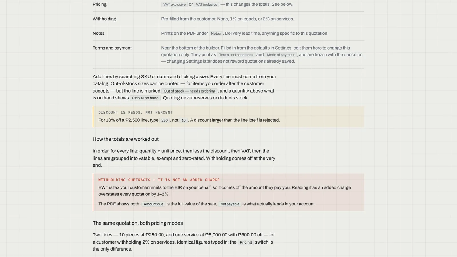 EquipOS built-in manual: the quotations section with red warnings