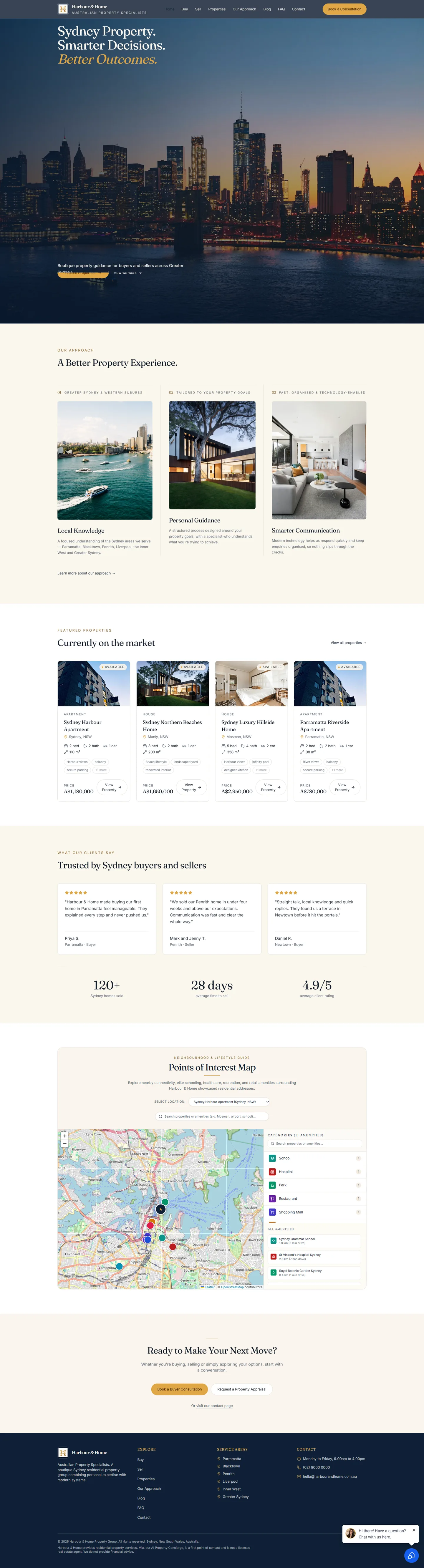 Harbour & Home website built in GoHighLevel AI Studio, full page: listings, testimonials, points of interest map and booking buttons