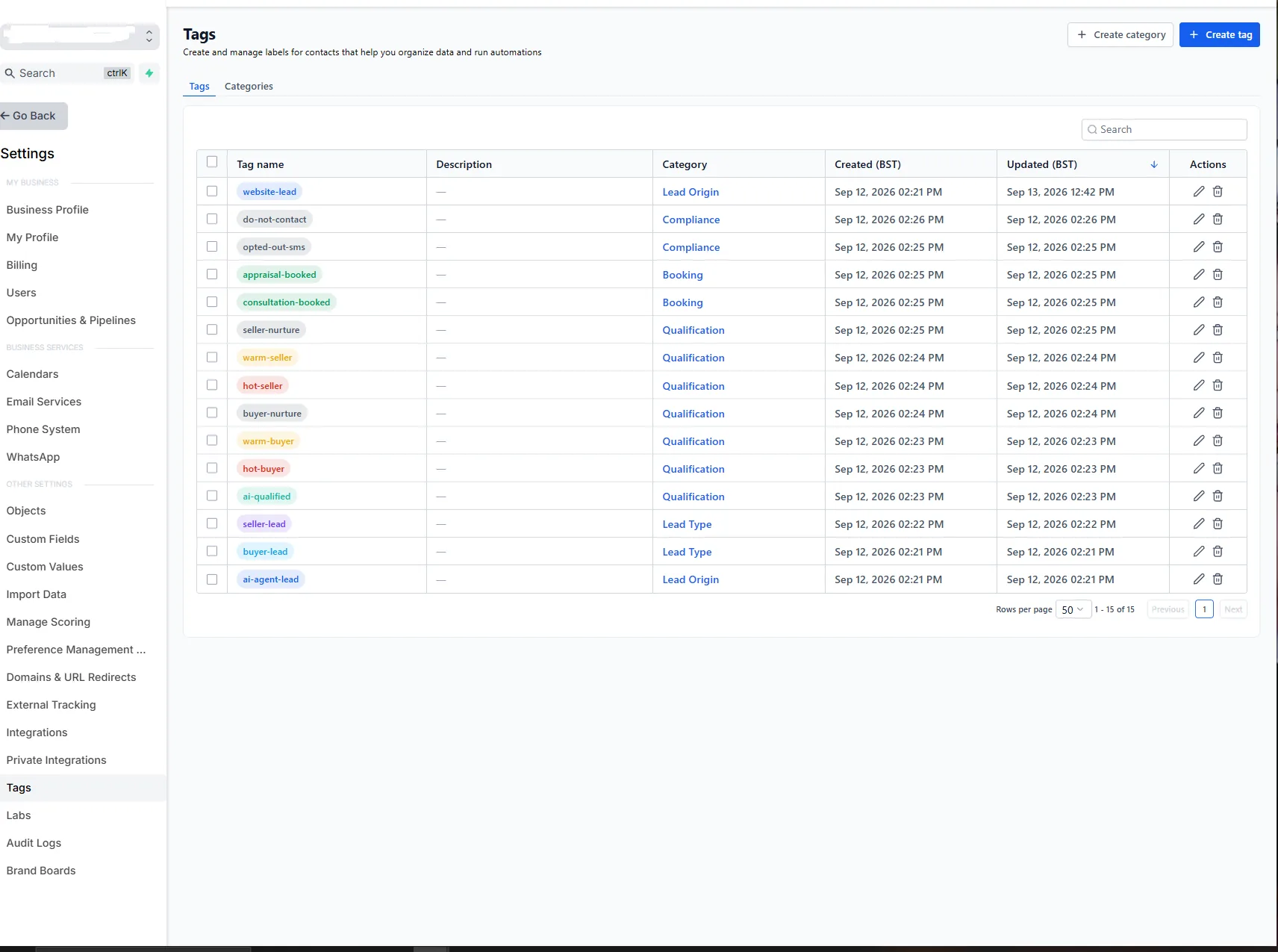 GoHighLevel tags list: fifteen tags across lead origin, lead type, qualification, booking and compliance